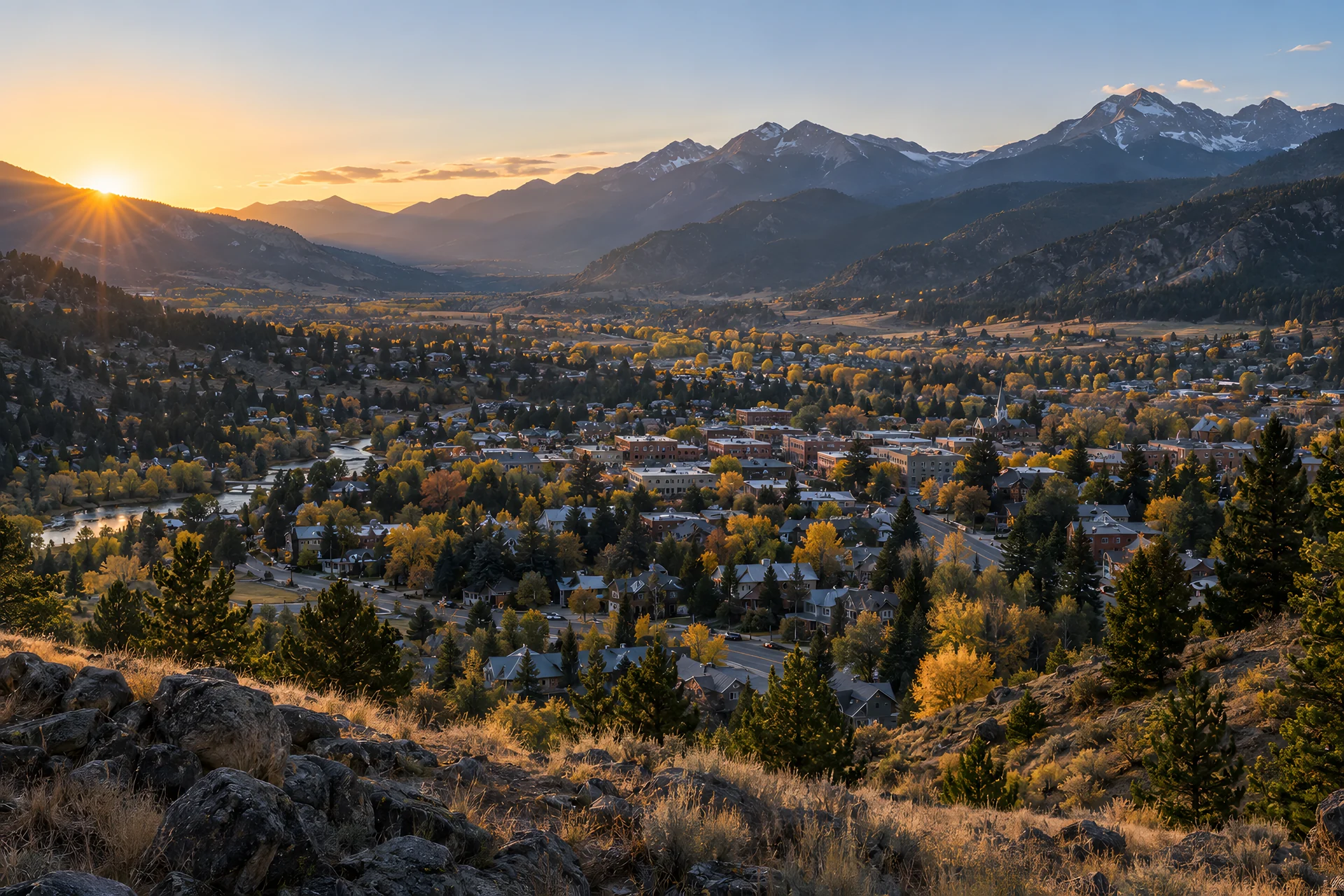 Morning sunlight over a mountain valley and its community